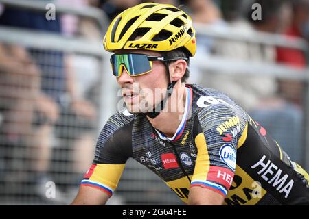 Slovenian Primoz Roglic of Team Jumbo-Visma crosses the finish line of the seventh stage of the 108th edition of the Tour de France cycling race, 249, Stock Photo
