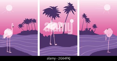 Summer posters set with pink flamingo on abstract tropical purple background of palm tree island sea sky and sun vector illustration Stock Vector