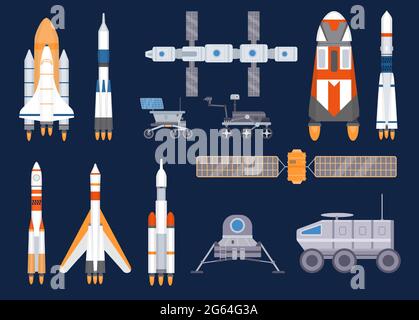 Spacecraft technology. Satellites, rockets, space station, ships, shuttles, moon and mars rovers. Universe exploring equipment vector set Stock Vector