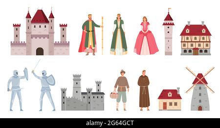 Medieval characters. Cartoon middle ages king, queen, princess, knights duel on sword, peasant and monk. Ancient castle and house vector set Stock Vector