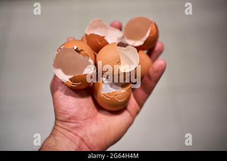 Hand with a handful of broken eggshells Stock Photo