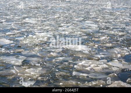 Ice floes on the river Elbe near Magdeburg on a cold winter day Stock Photo