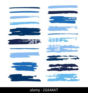 Set of blue vector brush strokes of paint on white background. Rectangular paint spots Stock Vector