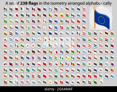 A set of 238 flags in the isometry arranged alphabetically Stock Vector