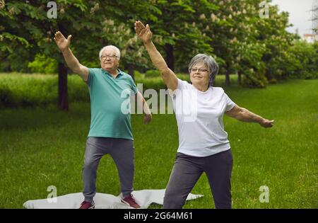 Smiling elderly retired active couple exercising doing morning workout in park Stock Photo