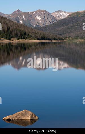 The Never Summer Mountain Range is located within Rocky Mountain National Park, south of Long Draw Reservoir. Stock Photo