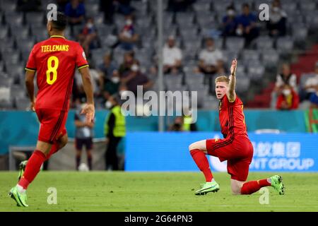 Belgium's Youri Tielemans and Belgium's Kevin De Bruyne pictured during the quarter-finals game of the Euro 2020 European Championship between the Bel Stock Photo