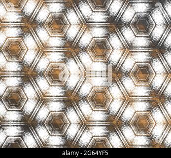 Geometric abstract white and dark gray with metallic copper texture kaleidoscopic hexagonal pattern. Vector ornament for background, wallpaper, banner, collage. Stock Vector