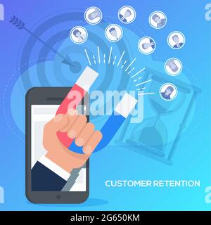 Attracting potential customers. Man with huge magnet Stock Vector