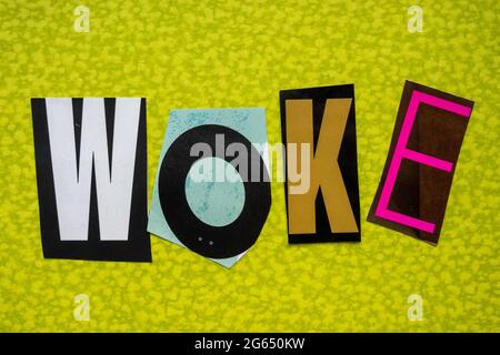 The word "WOKE" using cut-out paper letters in the ransom note effect typography, USA Stock Photo