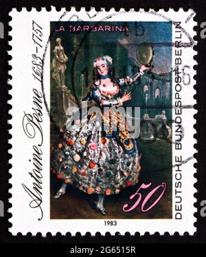 GERMANY - CIRCA 1983: a stamp printed in the Germany, Berlin shows Portrait of Barbara Campanini, 1745, Painting by Antoine Pesne, circa 1983 Stock Photo