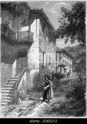 Engraving of the village, Androgna, Italy in the 1500s. Stock Photo