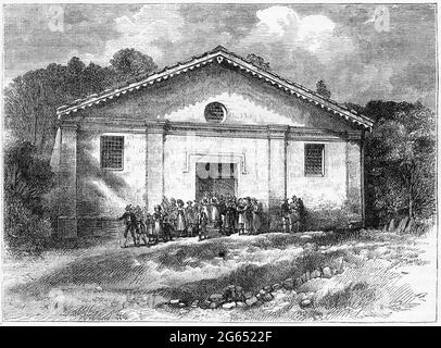 Engraving of the Waldensian Temple of Chabas, at Luserna San Giovanni, near Angrogna,  Piedmont in the 1500s. This is possibly the original temple which was destroyed by the Duke of Savoy in the 1600s. It has been rebuilt several times. From a publication circa 1880. Stock Photo