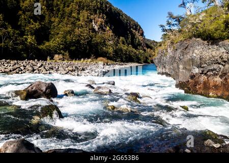 Rapids at Saltos del Petrohue waterfalls in National Park Vicente Perez Rosales, Chile Stock Photo