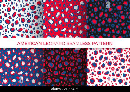 American leopard seamless patterns set of 6. Animal print in colors flag of USA. Red white blue Independence Day patriotic background. Vector template Stock Vector