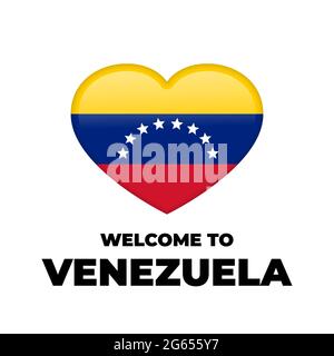 Welcome to Venezuela lettering with national flag in heart shape isolated on white background. Vector template for typography poster, postcard, banner Stock Vector