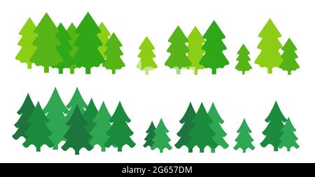 Trees bundle silhouette christmas conifers, part of the forest, in green with a shadow. Collected in a pile on a few pieces, one, two, three. Holiday design elements. For bed linen. Stickers. Stock Vector