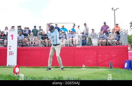 Detroit, Michigan, USA. 2nd July, 2021. Alex Noren from Stockholm, Sweden tees off on the 1st hole at The Rocket Mortgage Classic. Credit: David Donoher/ZUMA Wire/Alamy Live News Stock Photo