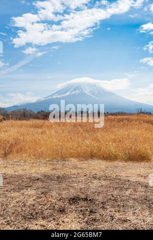 Beautiful landscape with Mount Fuji with snow and hat shaped cloud. Vertical shot. Photo taken from National Route 139 in Yamanashi Ken, Japan. Stock Photo