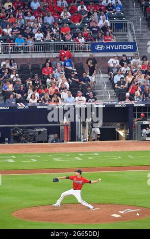 Atlanta, GA, USA. 02nd July, 2021. Atlanta Braves third baseman Austin Riley  walks onto the field before the start of the ninth inning of a MLB game  against the Miami Marlins at