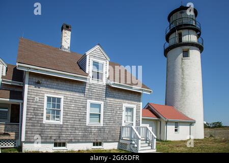 The Highland Light, also known as Cape Cod Light, is an active lighthouse on the Cape Cod National Seashore in North Truro, Massachusetts. Stock Photo