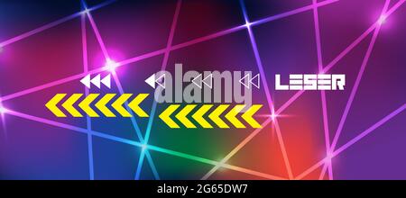 Graphic illustration art colorful background with white translucent line with laser text and yellow arrow, purple, red, blue, pink, green, orange Stock Vector