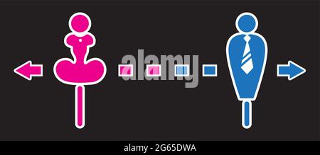image of illustration human symbol, man with blue, and woman in pink, with arrows and dash line in blue and pink on gray background Stock Vector