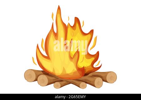 Fireplace, fire with wooden tree sticks,twigs in cartoon style isolated on white background. Outdoor activity, campfire. . Vector illustration Stock Vector