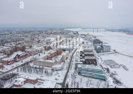 Arkhangelsk, Russia - January 1, 2021: Winter landscape, top view of the city and the river. Stock Photo