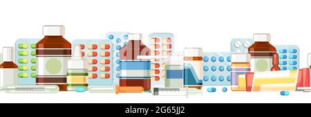 Medicines. Seamless illustration with pills, capsules ointment bottle thermometer syringe. Medicinal drugs Pharmaceuticals. Ambulance Pharmacy. Flat d Stock Vector