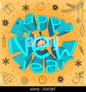 postcard patterns voluminous inscription happy new year 3d Stock Vector