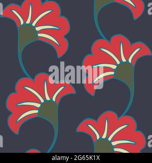 Seamless vector pattern with red flowers on blue background. Simple retro floral wallpaper design. Abstract decorative poppy fashion textile. Stock Vector