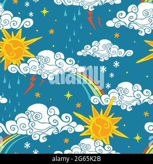 Seamless vector pattern with fun weather on blue background. Sun and rainbow wallpaper design for children. Decorative summer sky fashion textile. Stock Vector