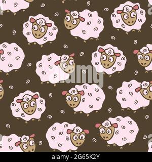 Seamless vector pattern with cartoon sheep on brown background. Cute lamb wallpaper design. Animal print fashion textile for children. Stock Vector