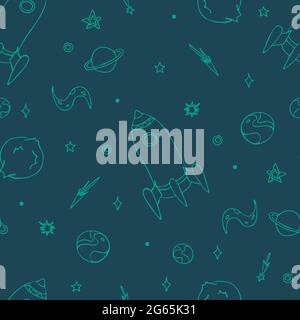 Seamless vector pattern with spaceship on teal blue background. Simple night sky wallpaper design for children. Galaxy fashion textile. Stock Vector