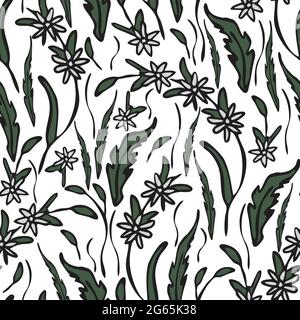 Seamless vector pattern with wildflower grass on white background. Flower meadow texture wallpaper design. Decorative fashion textile. Stock Vector