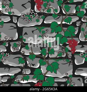 Seamless vector pattern with stone wall and climbing plants on grey background. Castle wall wallpaper design with vine plant. Stock Vector