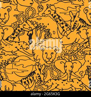Seamless vector pattern with safari animals on yellow background. African line art wallpaper for children. Simple tropical animal fashion textile. Stock Vector