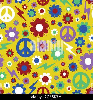 Seamless vector pattern with colourful flowers on yellow background. Hippy floral design with peace symbol. Fun childish design. Stock Vector