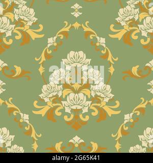 Seamless vector pattern with rococo style flower on green background. Renaissance damask floral wallpaper design. Antique luxury fashion textile. Stock Vector