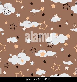 Seamless vector pattern with clouds and stars on beige background. Simple wallpaper design for children. Night sky fashion textile. Stock Vector
