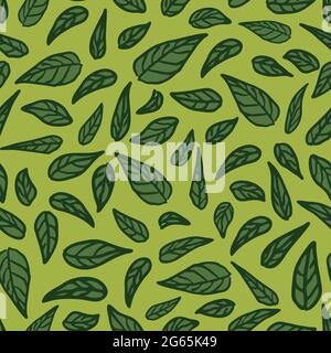 Seamless vector pattern with leaves on green background. Simple floral wallpaper texture.Botanical fashion textile design. Stock Vector