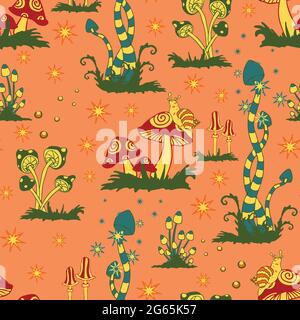 Seamless vector pattern with hand drawn mushrooms on pink background. Magic forest wallpaper design for children. Stock Vector