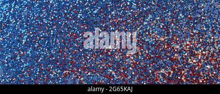 Abstract patriotic red white and blue glitter sparkle background for 4th of July Memorial, Labor, Independence, Presidents and Veteran's Day. Banner. Stock Photo