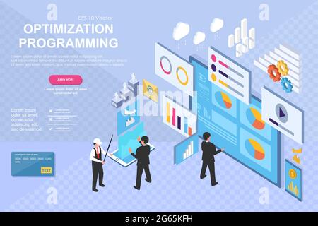 3d infographic business data analysis template. Charts and analyzing statistics with people interacting ,for website and mobile website, isometric vec Stock Vector
