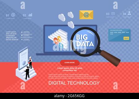 Big data business analysis landing page template charts and analyzing Stock Vector