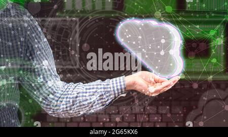 persons hand hold glowing cloud, data information digital storage concept Stock Photo