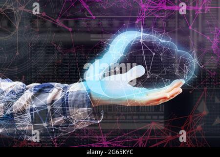 persons hand hold glowing cloud, data information digital storage concept Stock Photo
