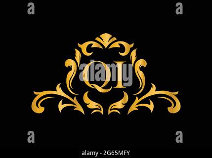Luxury Alphabet letters QI Golden Floral alphabet . Monogram initials perfectly for wedding invitations, greeting card, logo, and other design. Stock Vector