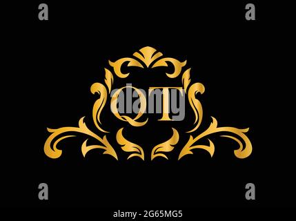 Luxury Alphabet letters QT. Golden Floral alphabet . Monogram initials perfectly for wedding invitations, greeting card, logo, and other design. Stock Vector